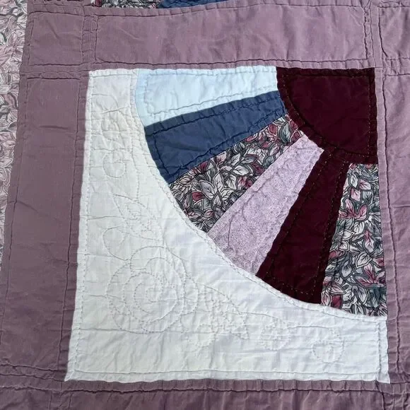 Vintage Handmade Quilt 66x52” Sampler Fan Pattern Purple Blue Coverlet Throw RV - Picture 7 of 16